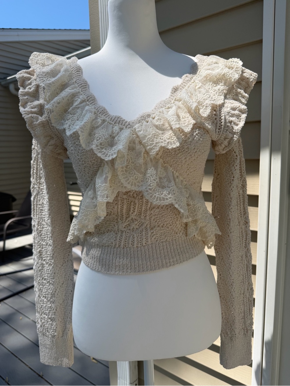 Zara Ruffled Lace Accent Knit Sweater - Cream